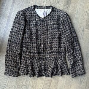 Rebecca Taylor Blazer Jacket Womens Size 4 Navy Zip-Up Tweed Peplum Wool Blend‎